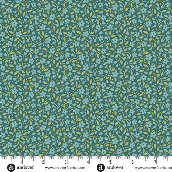Fabric Andover Dark Teal Hearts and Flowers Heartland by the Quarter Yard A-1587-B