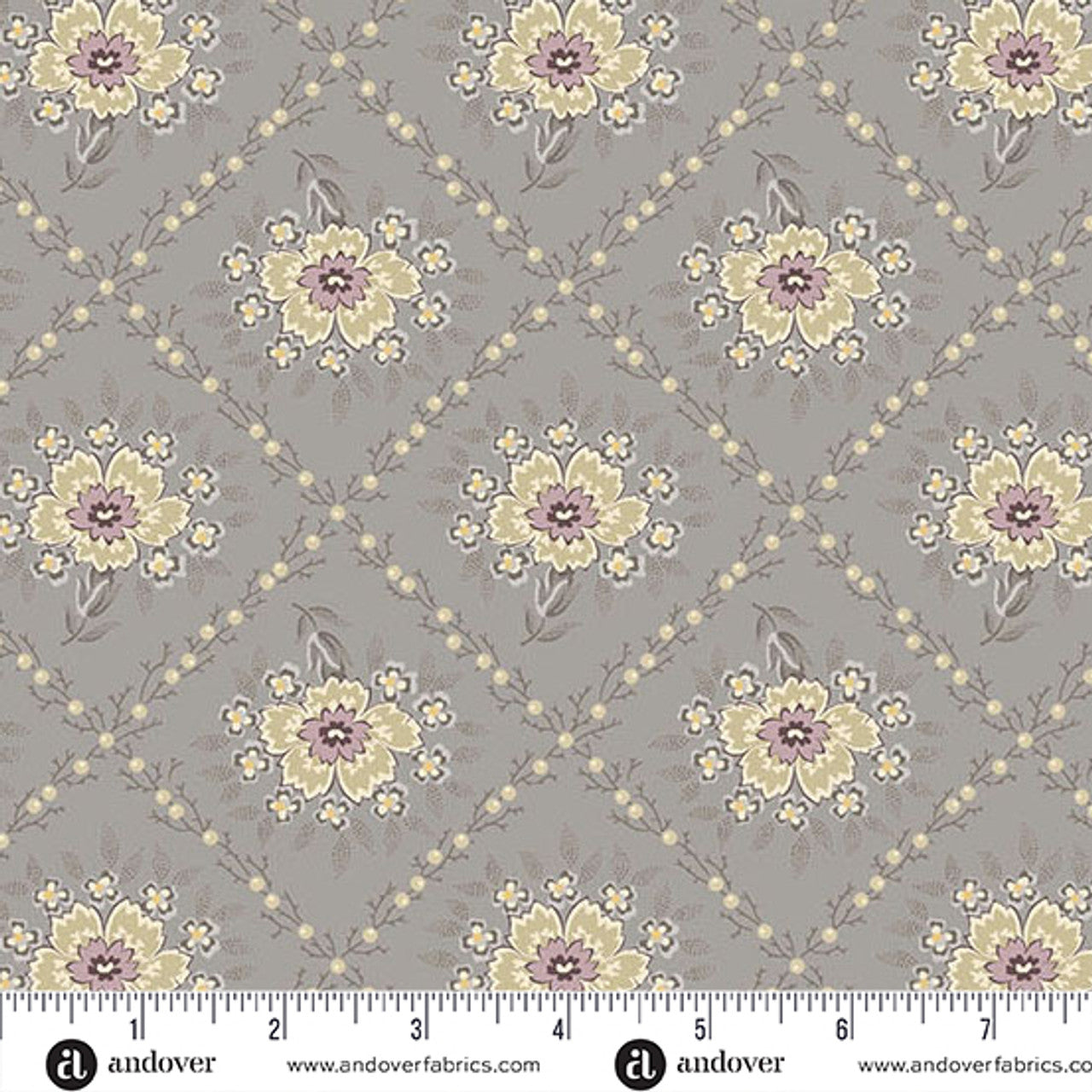 Fabric Andover Dove Trellis Wildflower Cottage by the Quarter Yard 1591-C