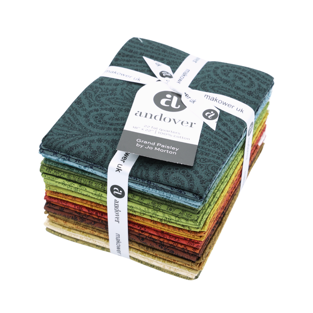 Stack of fabric fat quarters with a 'Andover' label on a white background