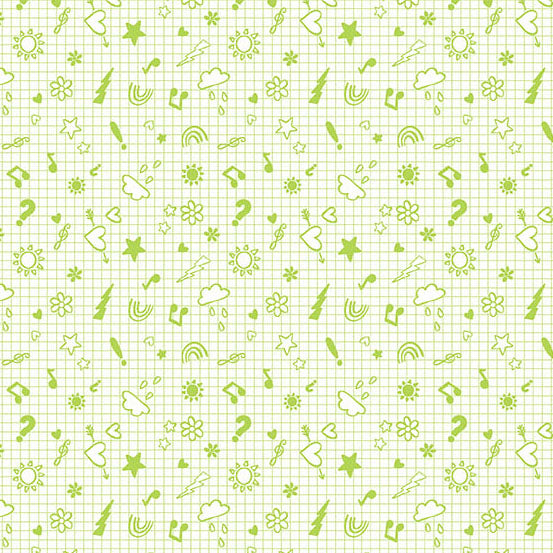 Green grid pattern with various simple shapes on a white background