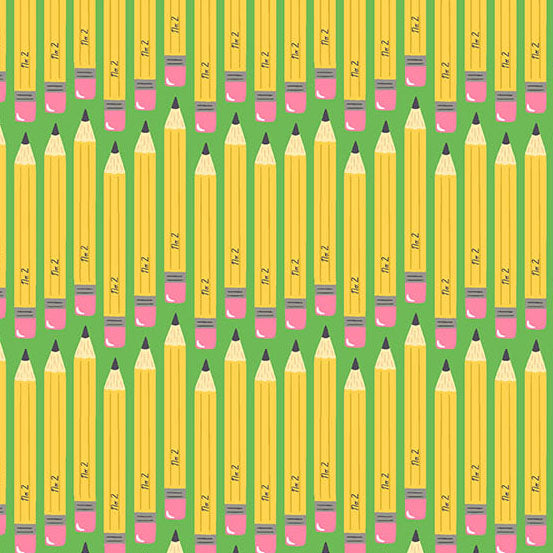 Pattern of yellow pencils with pink erasers on a green background