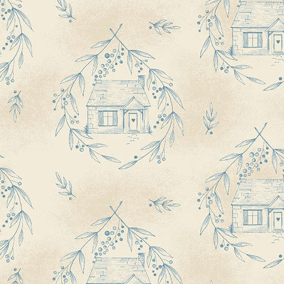 A repeating fabric pattern featuring small illustrated houses surrounded by blue leafy branches and berries on a warm cream background.