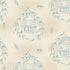 A repeating fabric pattern featuring small illustrated houses surrounded by blue leafy branches and berries on a warm cream background.