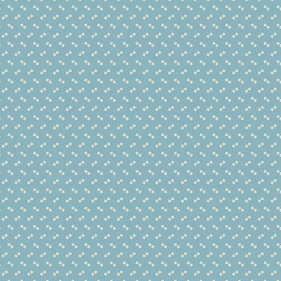 A repeating pattern of small white floral motifs on a light blue background.