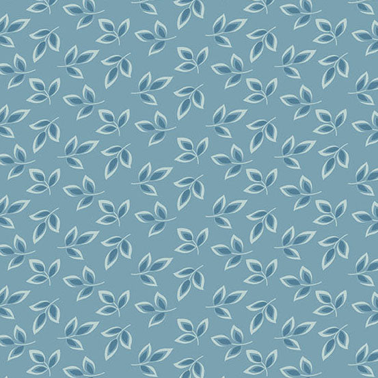 A repeating pattern of stylized leaf motifs in light blue and white on a dusty blue background.