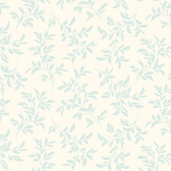 A repeating botanical pattern of delicate pale blue leafy branches on a warm off-white background.