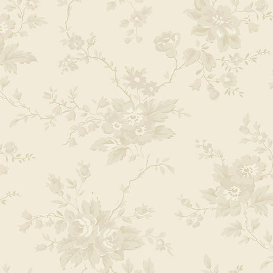 Beige fabric with a delicate, tonal floral toile pattern in soft cream and light gray-beige tones.