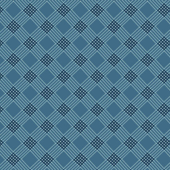 A repeating geometric pattern of blue and navy diamonds with white dotted diagonal lines, filling the entire frame.