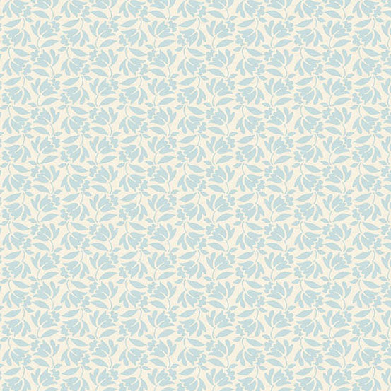 A repeating floral pattern in light blue on a warm off-white background, filling the entire frame.