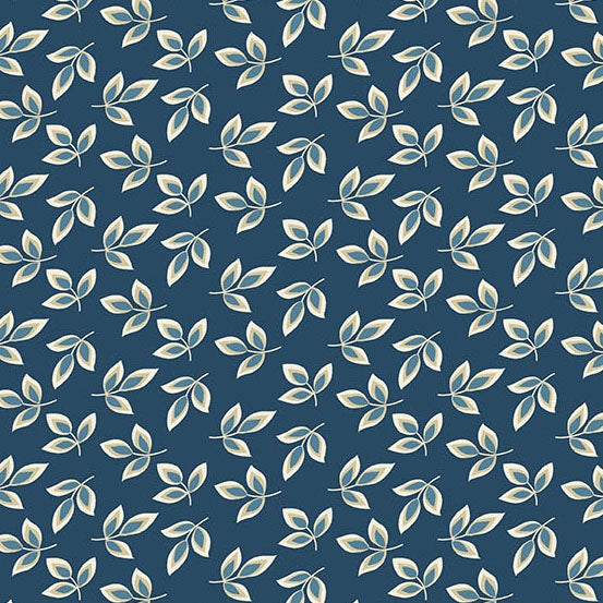 A repeating botanical pattern of cream-colored leaf clusters on a dark navy blue background.