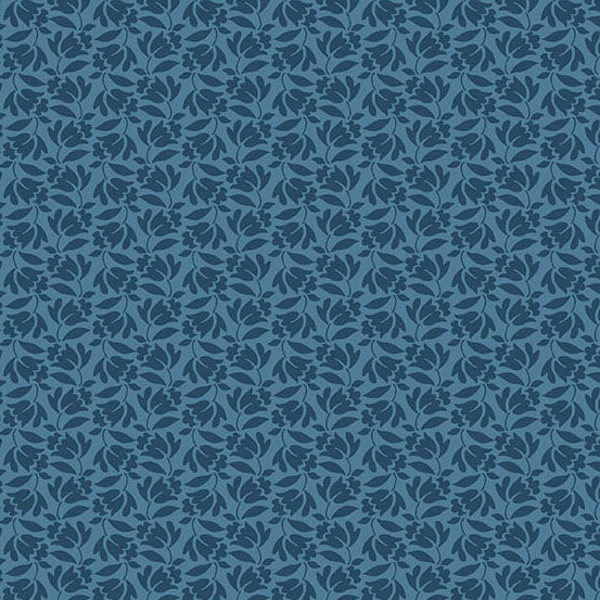 A repeating floral pattern in dark blue on a medium blue background, filling the entire frame.