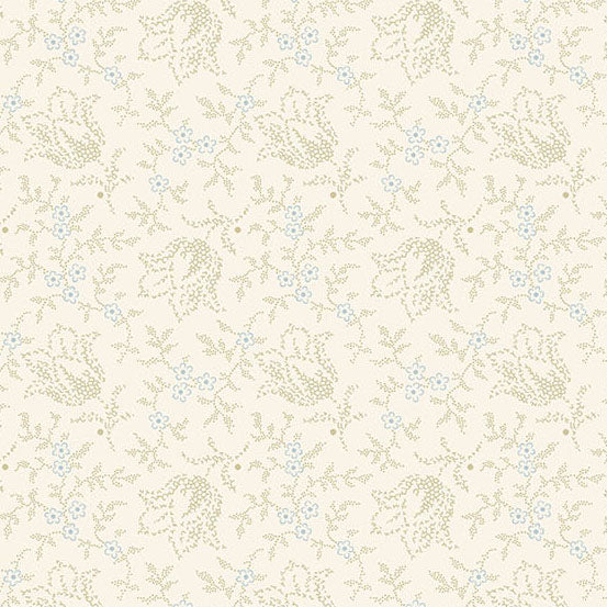 A repeating floral and botanical pattern on a warm cream background, with muted sage green leaves and small light blue flowers.