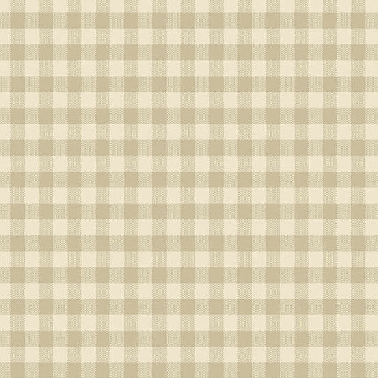 A close-up of a beige and cream gingham checkered fabric pattern filling the frame.