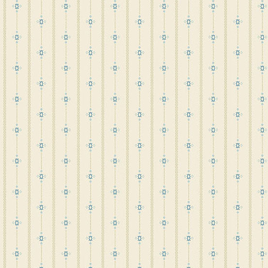 A repeating vertical stripe pattern on a warm cream background, featuring thin tan stripes and small blue geometric star-and-square motifs.