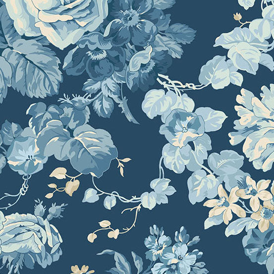 Floral pattern with blue flowers and leaves on a dark blue background