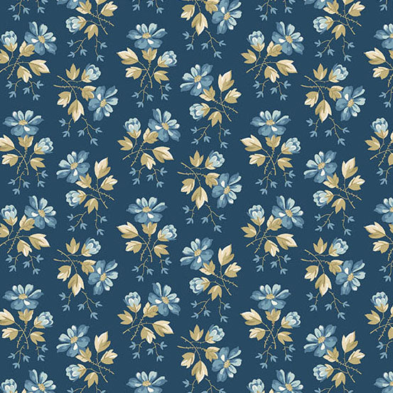 A repeating floral pattern featuring light blue and pale yellow flowers with green stems on a dark blue background.