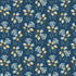 A repeating floral pattern featuring light blue and pale yellow flowers with green stems on a dark blue background.