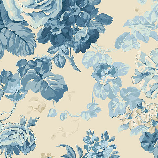 A repeating floral pattern featuring blue and light blue flowers with leaves on a warm beige background.