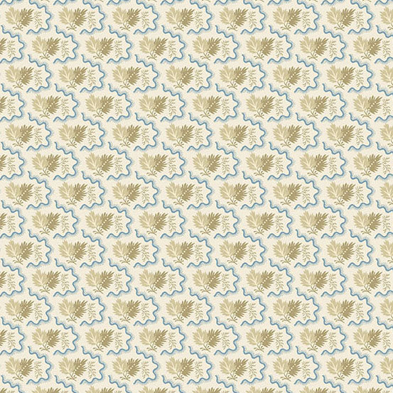 A repeating floral pattern with small beige flower motifs inside wavy light blue hexagonal outlines on a warm cream background.