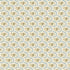A repeating floral pattern with small beige flower motifs inside wavy light blue hexagonal outlines on a warm cream background.