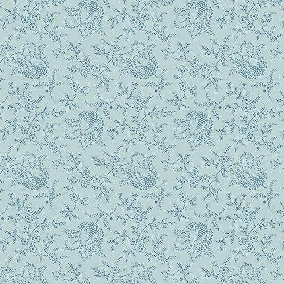 A repeating floral and paisley-style pattern in dusty blue on a pale blue background, shown as a full-frame closeup of the fabric