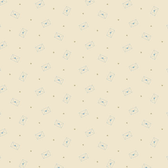 A repeating pattern of light blue outlined envelopes with small blue star centers, scattered with tiny gold dots on a warm cream background.