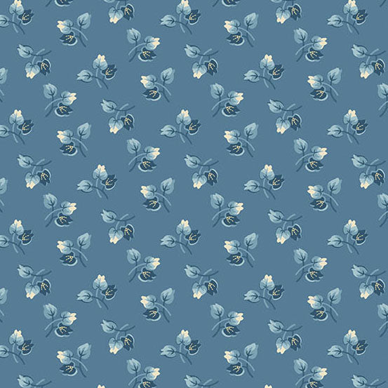 A repeating floral pattern on a muted blue background, featuring small white and pale blue blossoms with gray-green leaves.