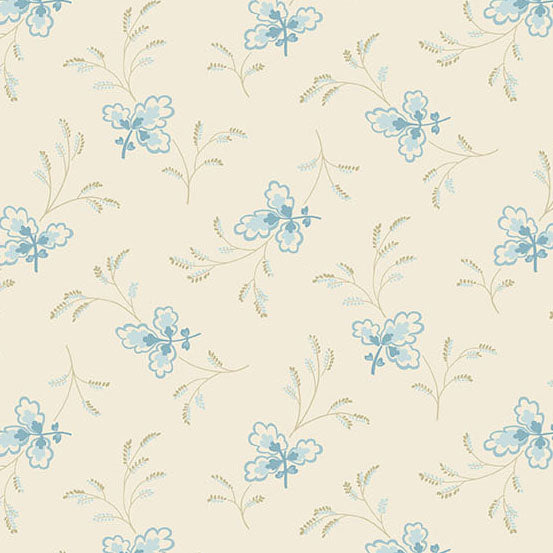 A repeating floral pattern on a warm cream background, featuring light blue flowers and delicate pale green and tan stems.