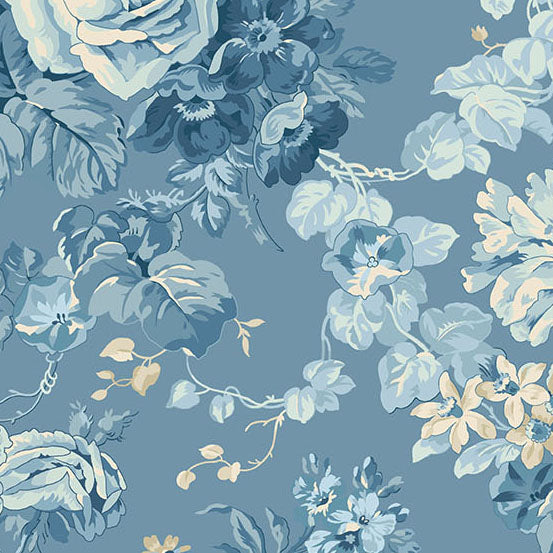 A repeating floral pattern featuring large blue and pale blue flowers with soft cream accents on a dusty blue background.