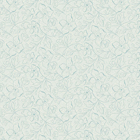 A close-up of a repeating floral pattern in pale blue on a white background, showing fine line-art flowers and leaves.