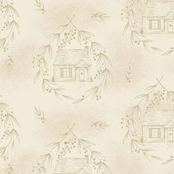 Beige fabric featuring a repeating pattern of small cottage illustrations framed by delicate leafy branches and berry sprigs in muted gray-brown tones.