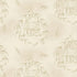 Beige fabric featuring a repeating pattern of small cottage illustrations framed by delicate leafy branches and berry sprigs in muted gray-brown tones.