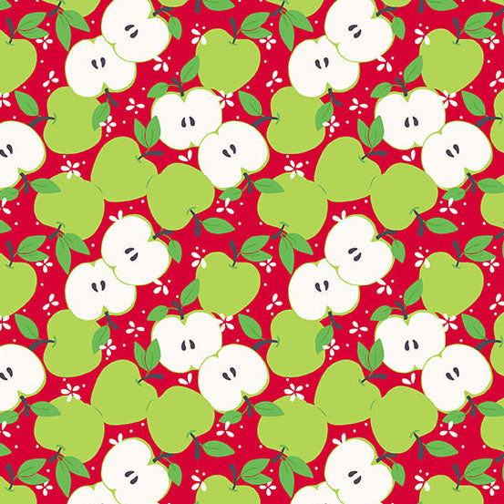 Pattern of green and white apples on a red background