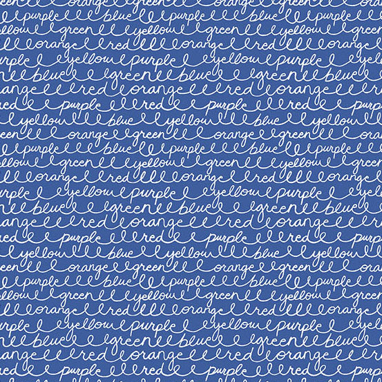 Text pattern with color names on a blue background