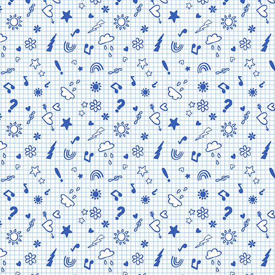 Blue doodles on a grid background