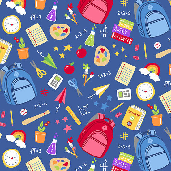 Colorful pattern of school supplies on a blue background