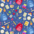 Colorful pattern of school supplies on a blue background