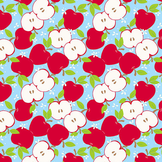 Pattern of red and white apples with green leaves on a blue background