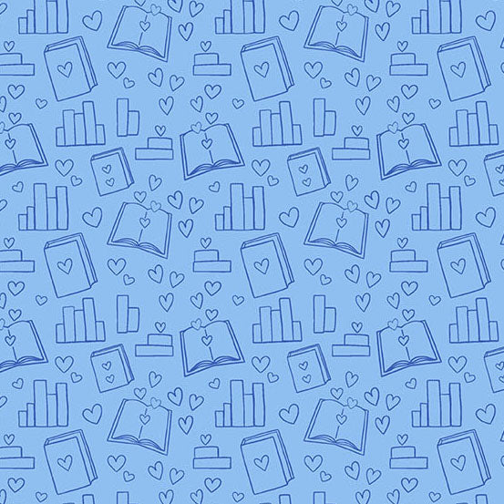 Blue pattern of books and hearts on a blue background