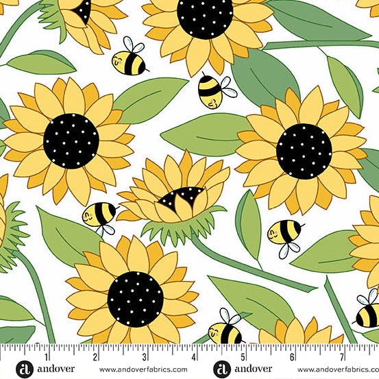 Fabric Andover White Blooms Abuzz Sunny Honey by the Quarter Yard A-1574-L