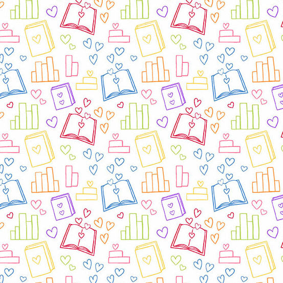 Colorful pattern of books and hearts on a white background