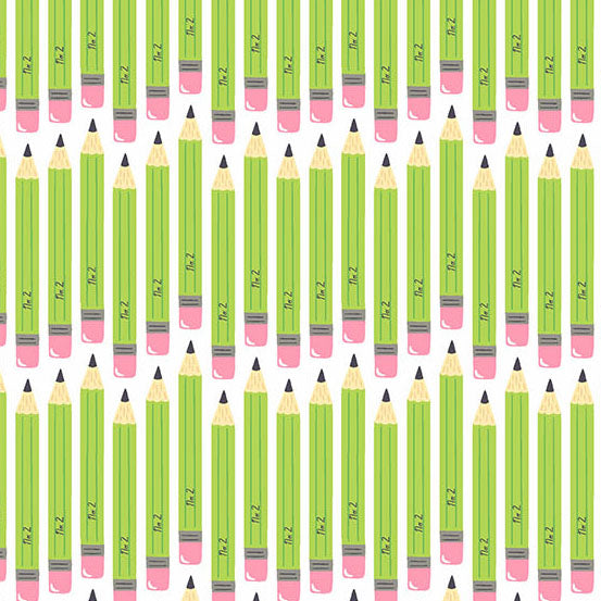 Pattern of green pencils with black tips and pink erasers on a white background