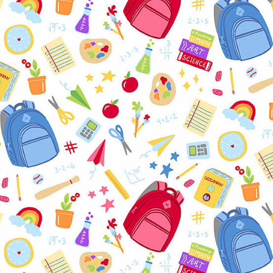 Colorful pattern of school supplies including backpacks, books, and stationery on a white background.