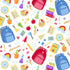 Colorful pattern of school supplies including backpacks, books, and stationery on a white background.