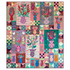 Colorful patchwork quilt with floral and abstract patterns on a white background