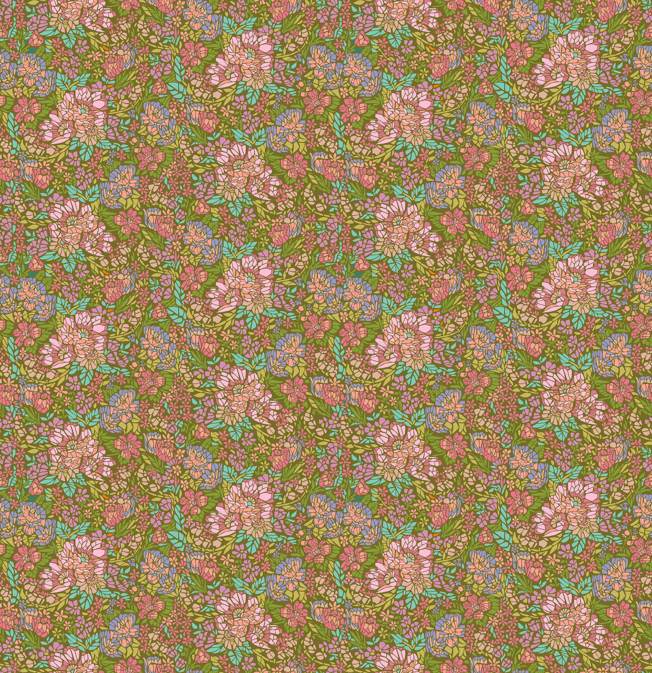 Floral pattern with pink and purple flowers on a green background