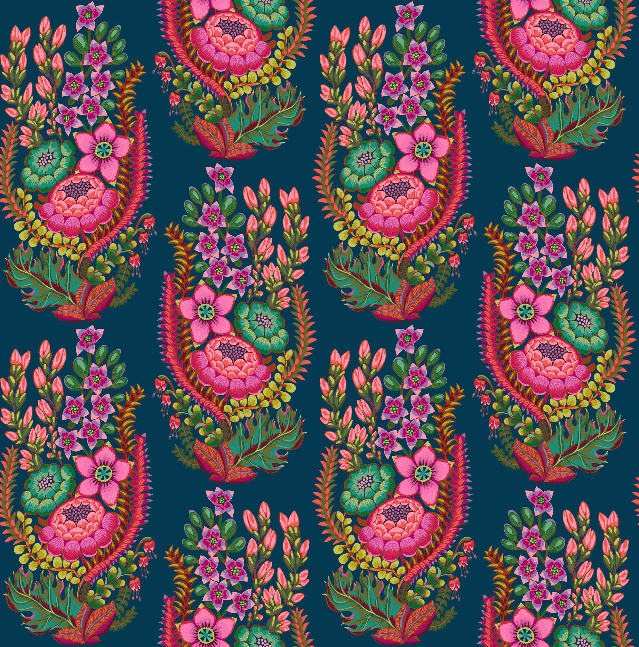 Colorful floral and paisley pattern on a dark blue background