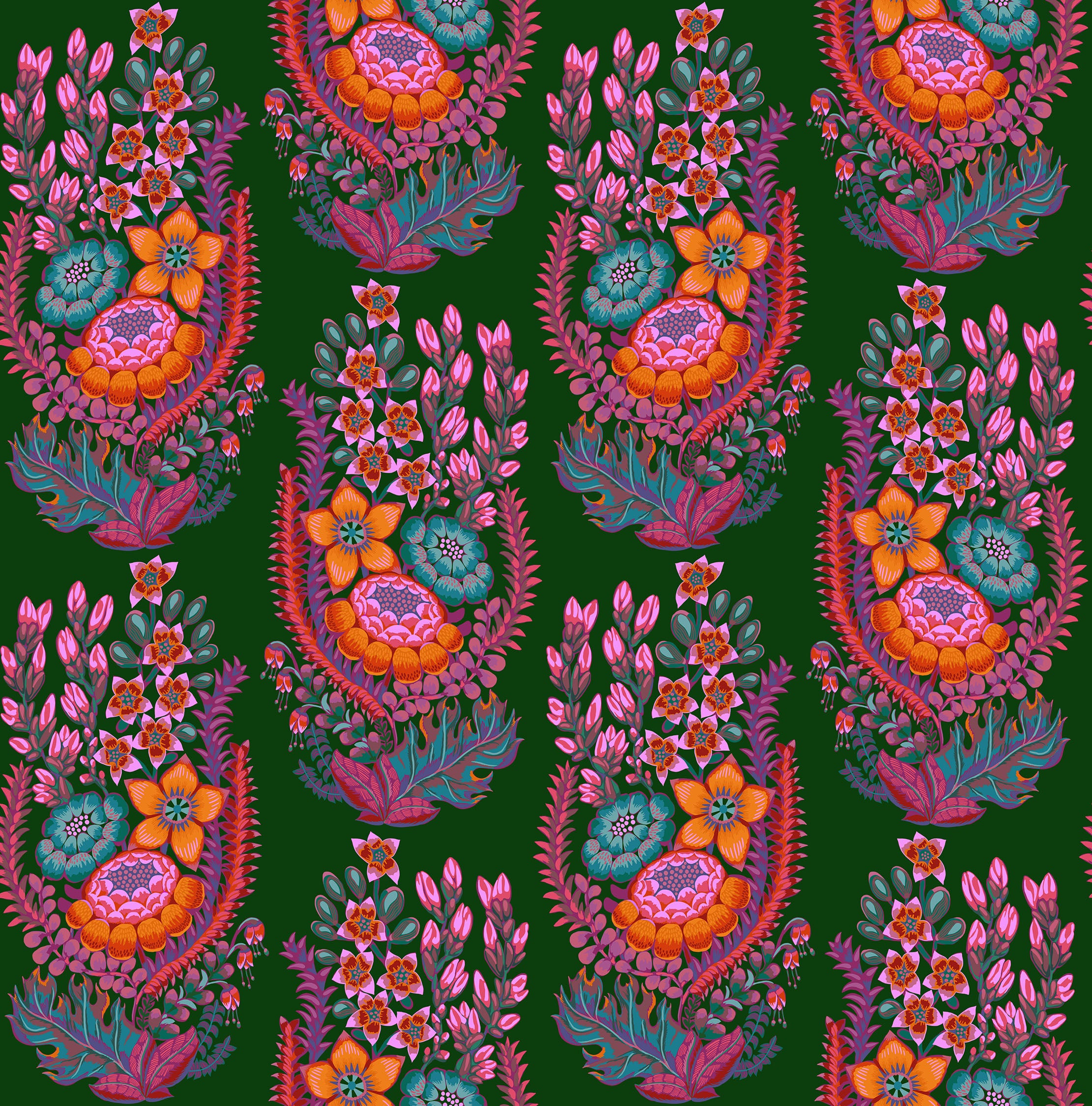 Colorful floral and leaf pattern on a green background