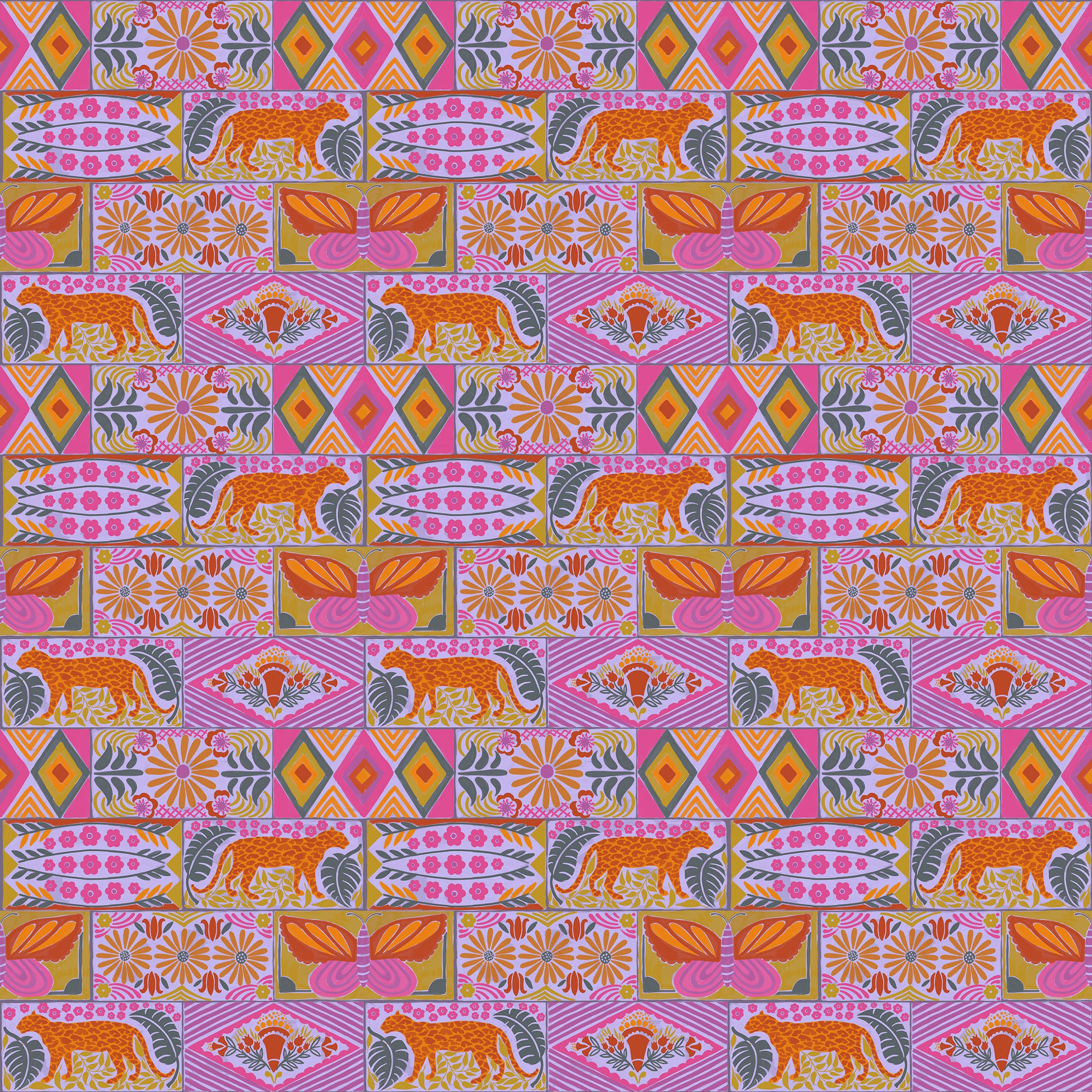 Colorful patterned fabric with geometric shapes and animals on a pink background