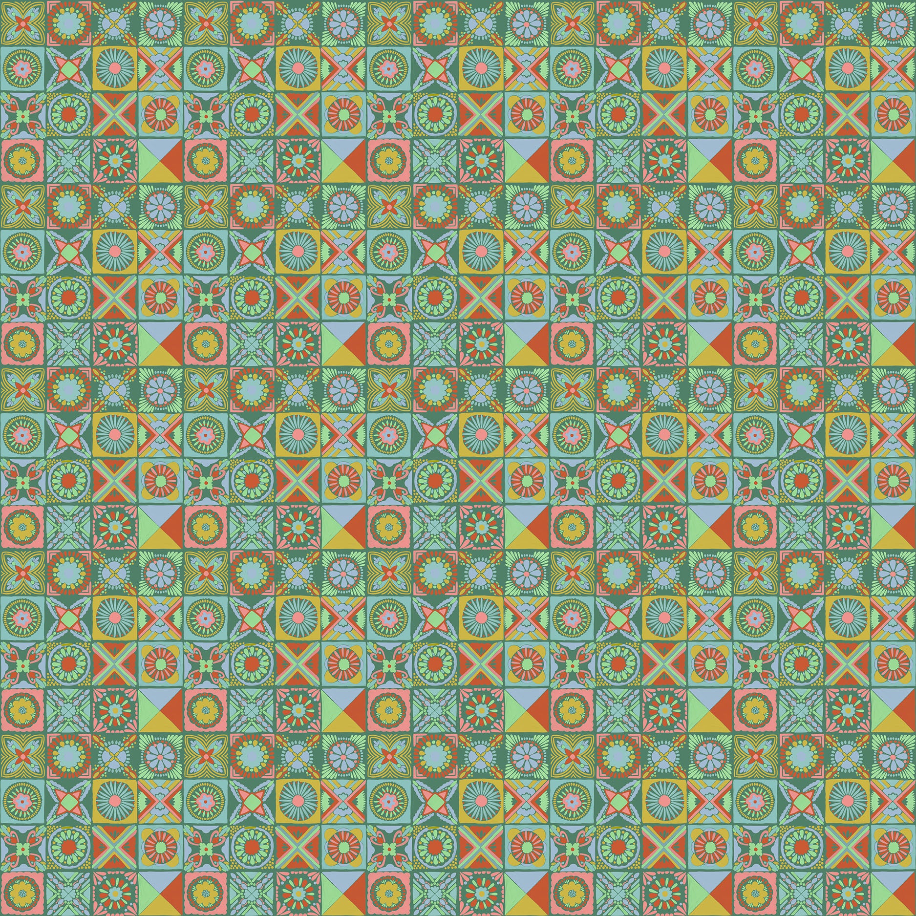 Colorful geometric pattern with squares and triangles on a green background